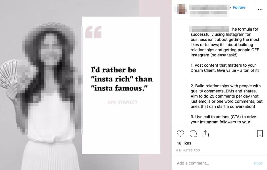 An Instagram post pairing a quote card with a photo of a woman holding a fan of banknotes, beside a caption of numbered tips