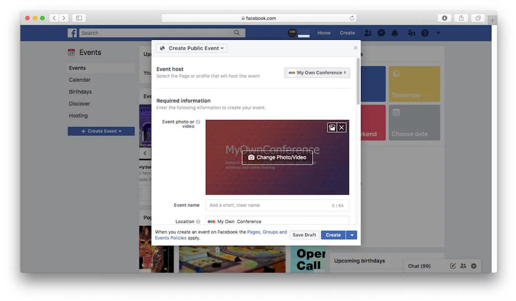Interface showing configuration of a public webinar event on MyOwnConference platform