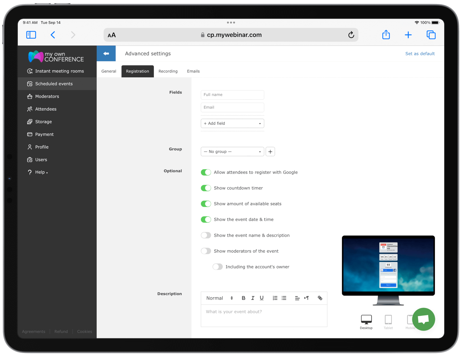 Create your webinar pages