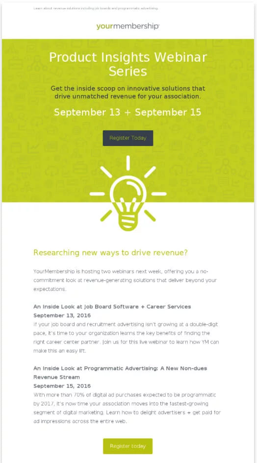 A promotional email announcing a webinar series, with a lightbulb graphic and a register button
