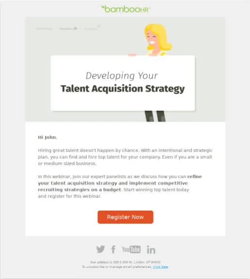 A webinar invitation email with an illustrated header, a personalised greeting and an orange register button