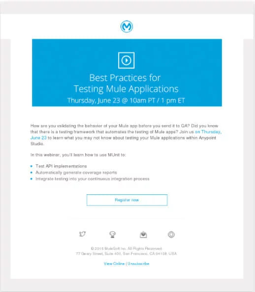 An email campaign layout with the webinar invitation set above a registration button