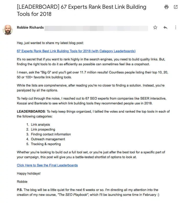 A Gmail email from Robbie Richards sharing his post 67 Experts Rank Best Link Building Tools for 2018, with a numbered list of five tool categories