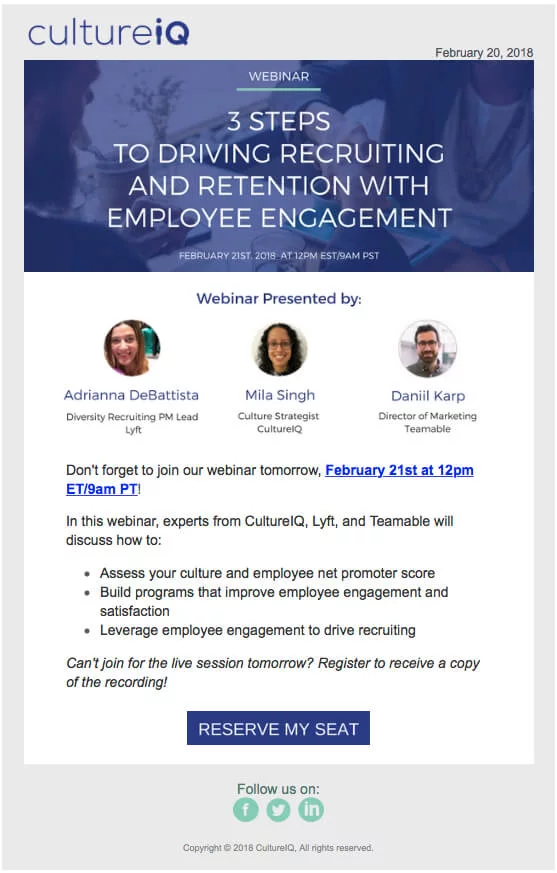Example of an email invitation sent from a webinar platform with event details