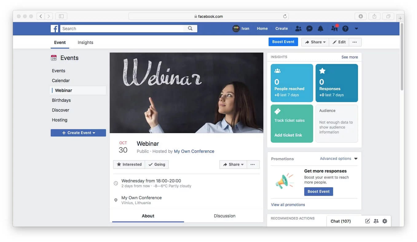 A Facebook event page for a webinar with its cover photo, date and time and an insights panel showing reach and responses