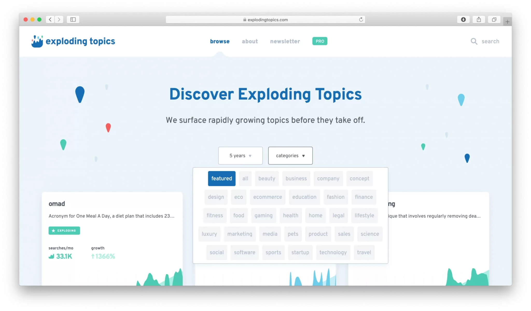 The Exploding Topics website with its search filters and trend cards