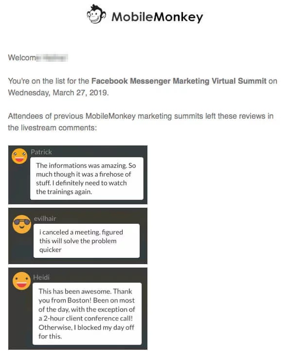 A MobileMonkey email confirming a place at the Facebook Messenger Marketing Virtual Summit on Wednesday, March 27, 2019, followed by three reviews that attendees of earlier summits left in the livestream comments, each quoted in its own dark card beside an emoji avatar