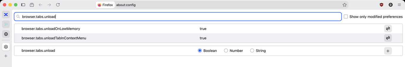 La búsqueda de browser.tabs.unload en about:config, con browser.tabs.unloadOnLowMemory en true encima de browser.tabs.unloadTabInContextMenu