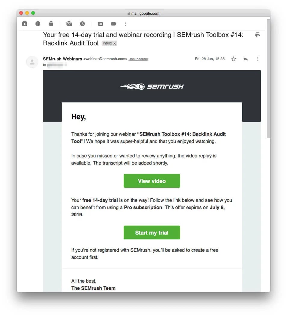 A SEMrush follow-up email in Gmail about the Backlink Audit Tool webinar recording and a free 14-day trial, with View video and Start my trial buttons