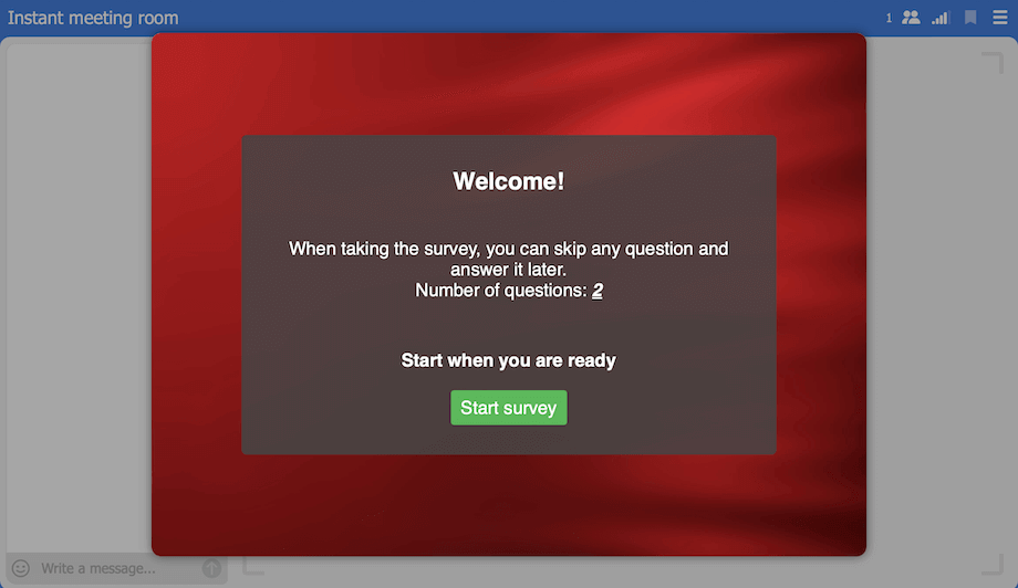 The survey welcome dialog in the webinar room, with the number of questions and a Start survey button.