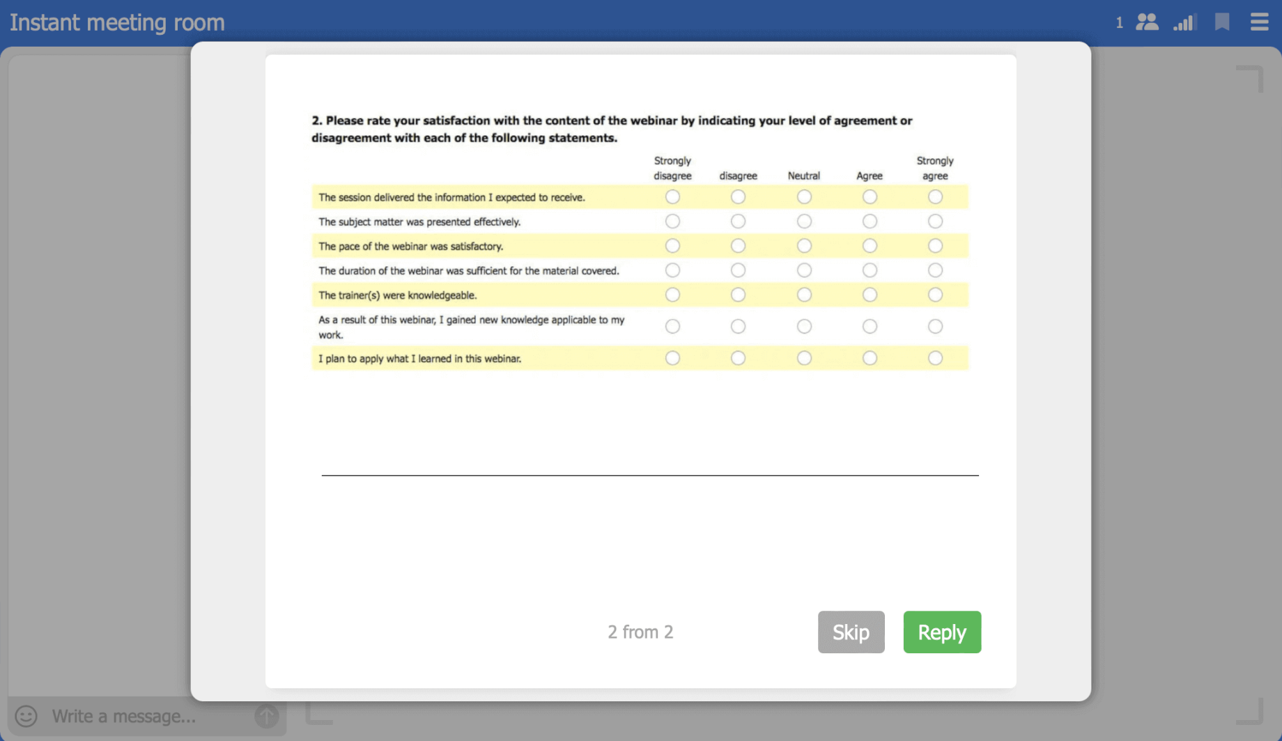 A survey dialog asking attendees to rate seven statements from strongly disagree to strongly agree in a grid of radio buttons.