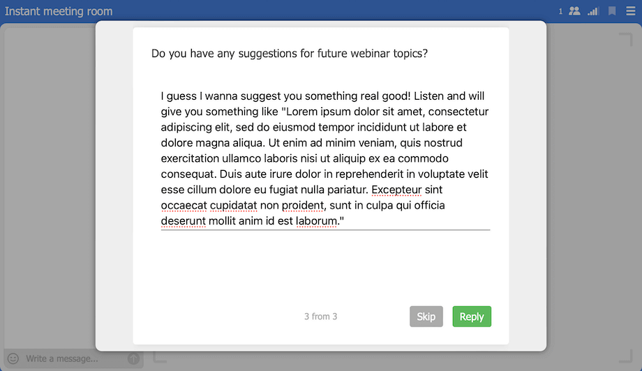 An open-ended survey question in a dialog over the room, with a long answer typed into the text field.