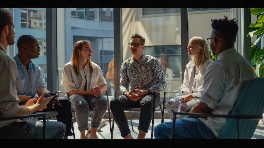 Students engaged in a group discussion, illustrating webinar-driven interaction and active participation