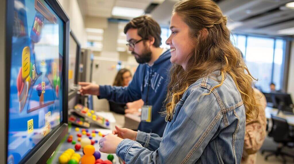 Мужчина и женщина с улыбкой играют с интерактивным обучающим экраном, демонстрируя принципы геймификации в обучении и вебинарах