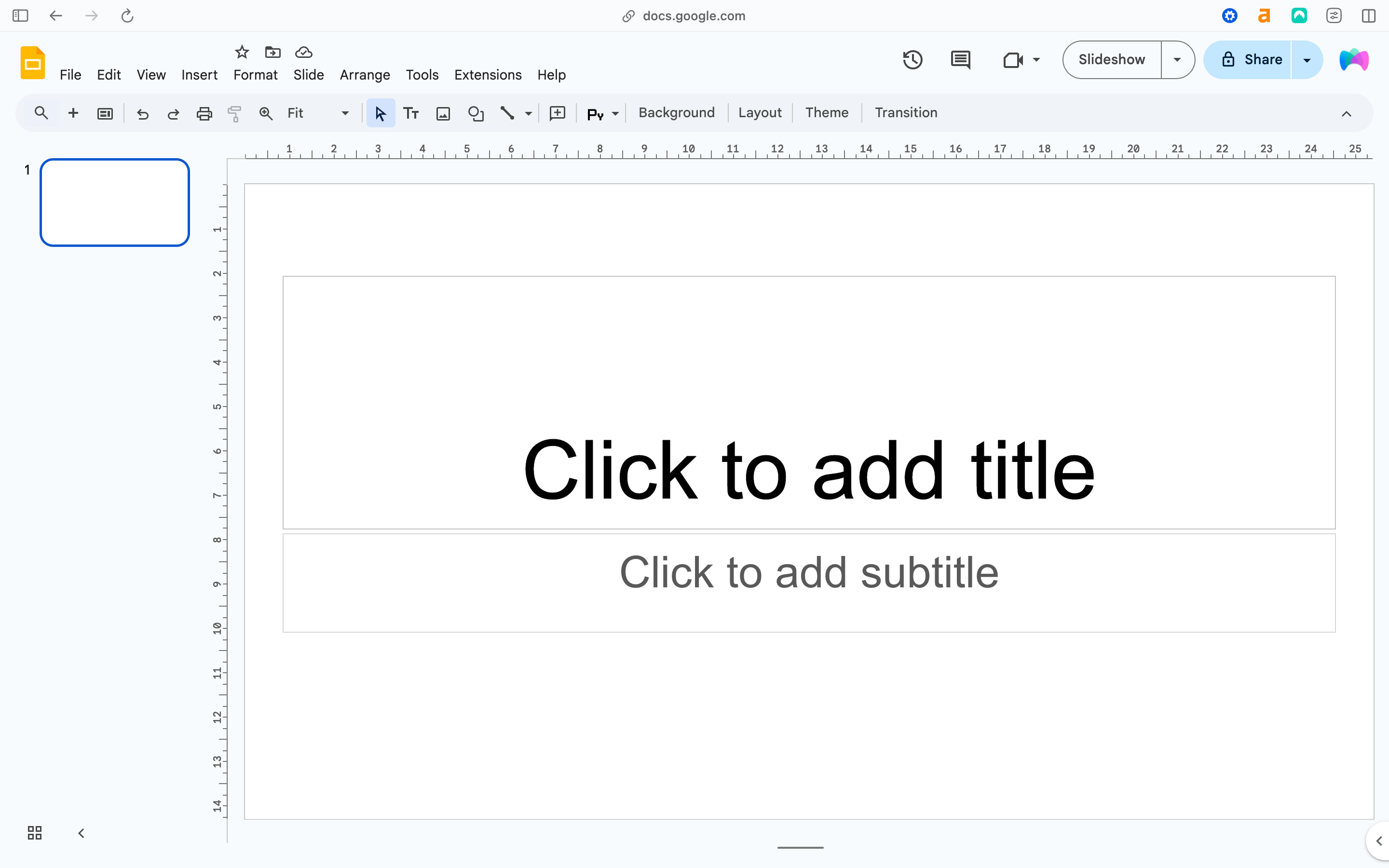 Edytor Google Slides z pustym slajdem tytułowym Click to add title i paskiem narzędzi