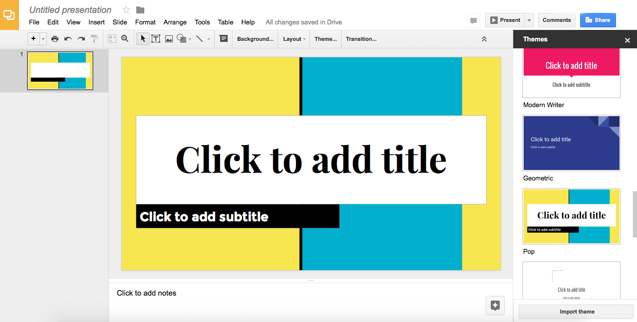 The Google Slides editor with an empty title slide and the themes panel open on the right