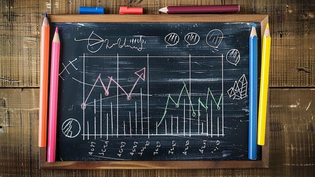 Hand-drawn graphs and charts on a chalkboard with colored pencils