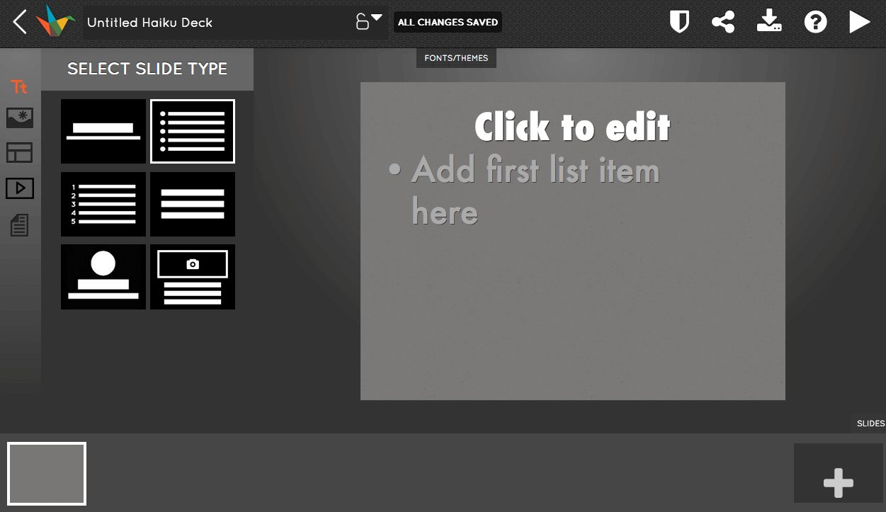 The Haiku Deck editor with a slide type panel of six layouts open beside an empty list slide