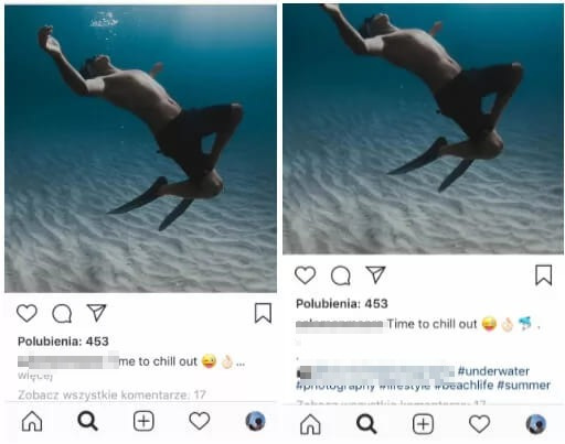 Dwa posty na Instagramie z tym samym zdjęciem pływaka pod wodą nad piaszczystym dnem, podpisem Time to chill out i hasztagami #underwater i #summer