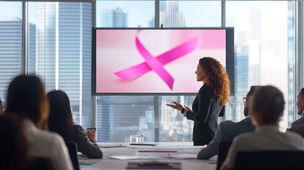Speaker delivering a webinar presentation in a modern conference room