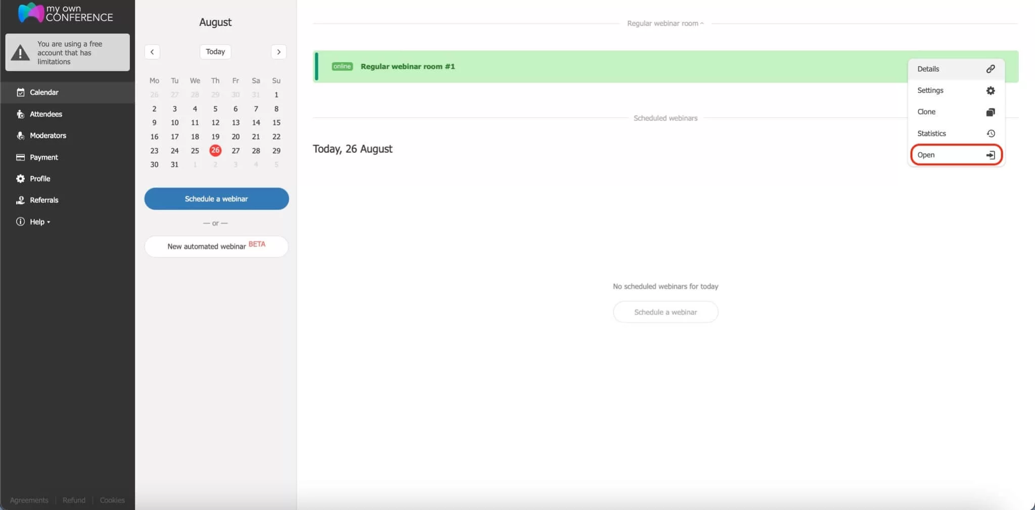 Open your webinar room in one click