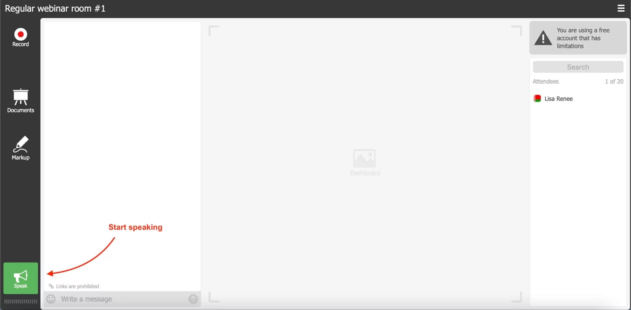 A webinar room with a red arrow pointing at the green Speak button in the corner