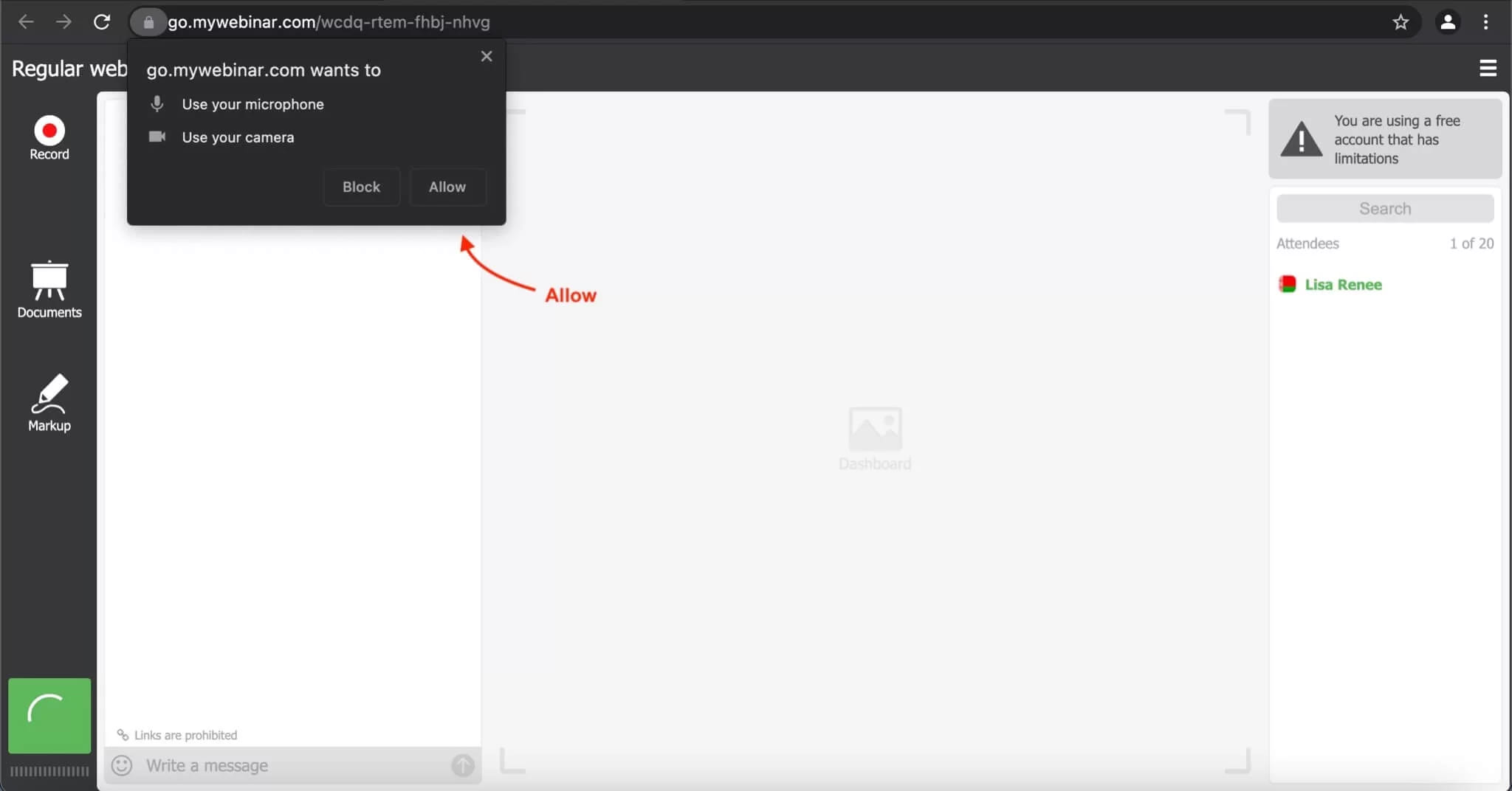 Browser permission, allow WebRTC access to your webcam and microphone