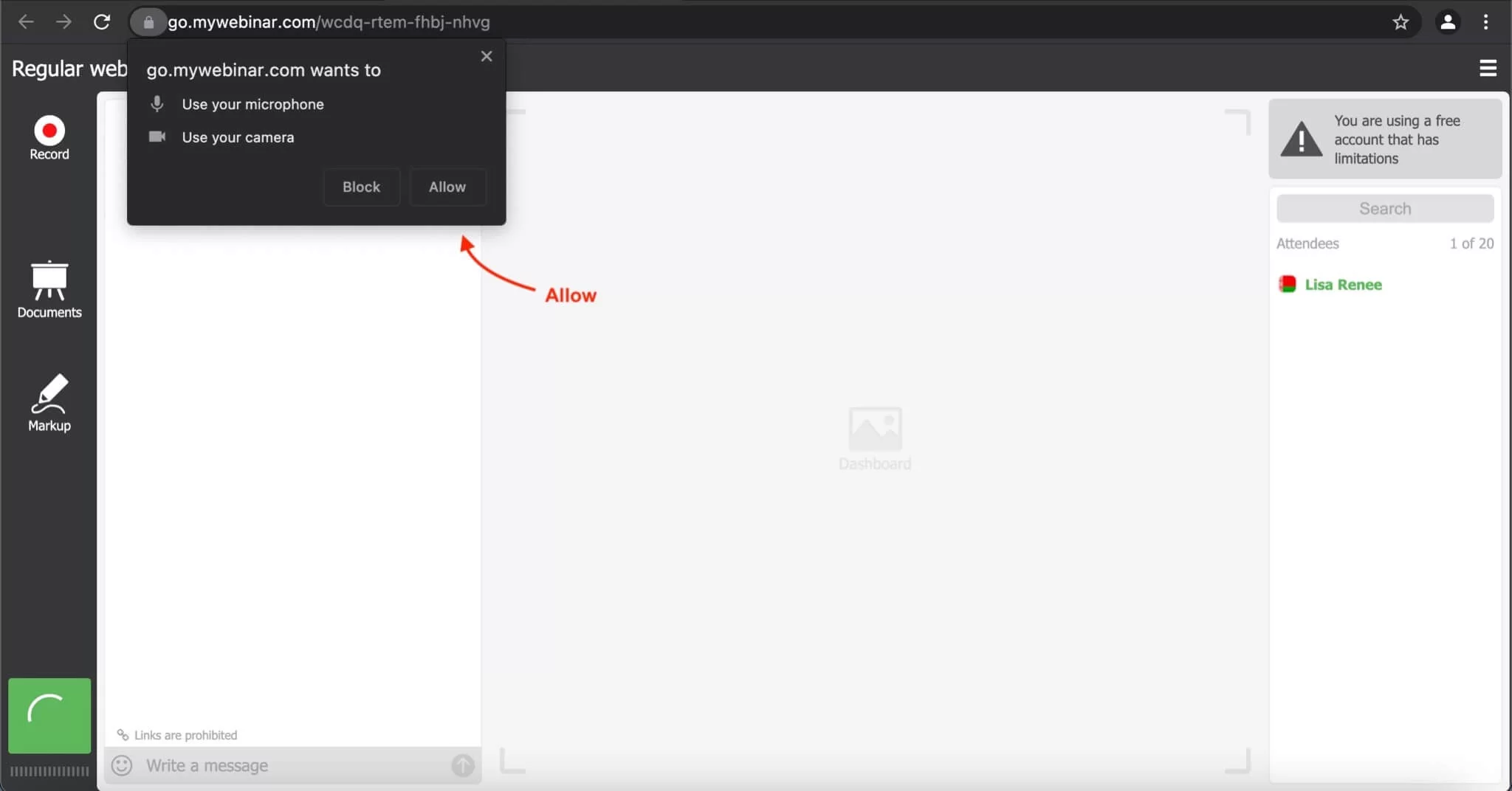 Browser permission, allow WebRTC access to your webcam and microphone