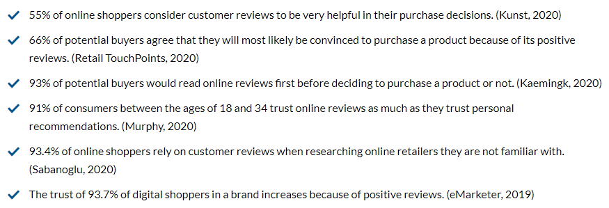 A checklist of statistics about how far online shoppers rely on customer reviews