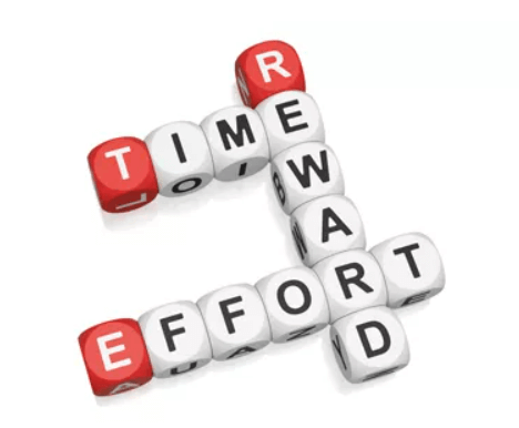Red and white letter dice arranged crossword style to spell time, reward and effort