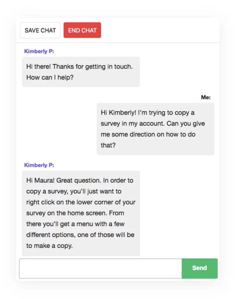 A support chat where an agent explains how to copy a survey from the home screen