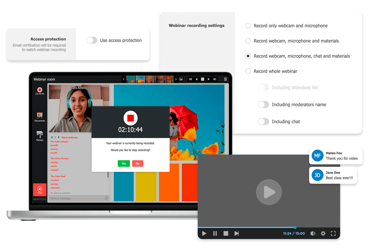 Webinar recording settings beside a room being recorded and the finished file in a player