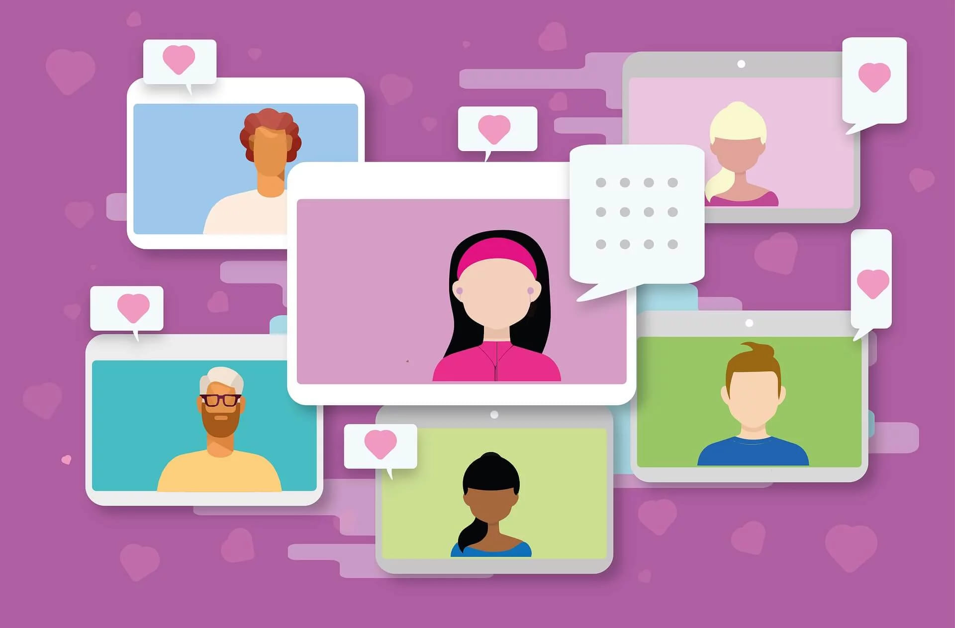A flat illustration of people in video call windows surrounded by heart icons