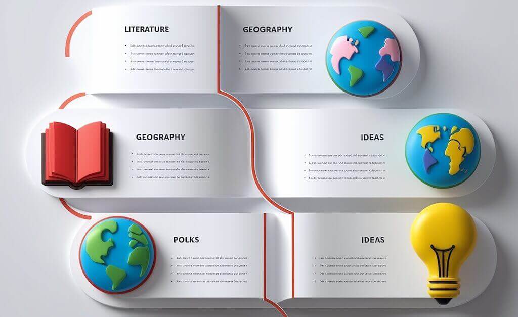 Colorful infographic layout with 3D icons for literature and geography