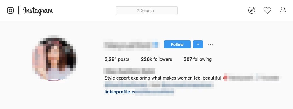 An Instagram profile header with a verified badge, follower counts and a bio ending in a profile link