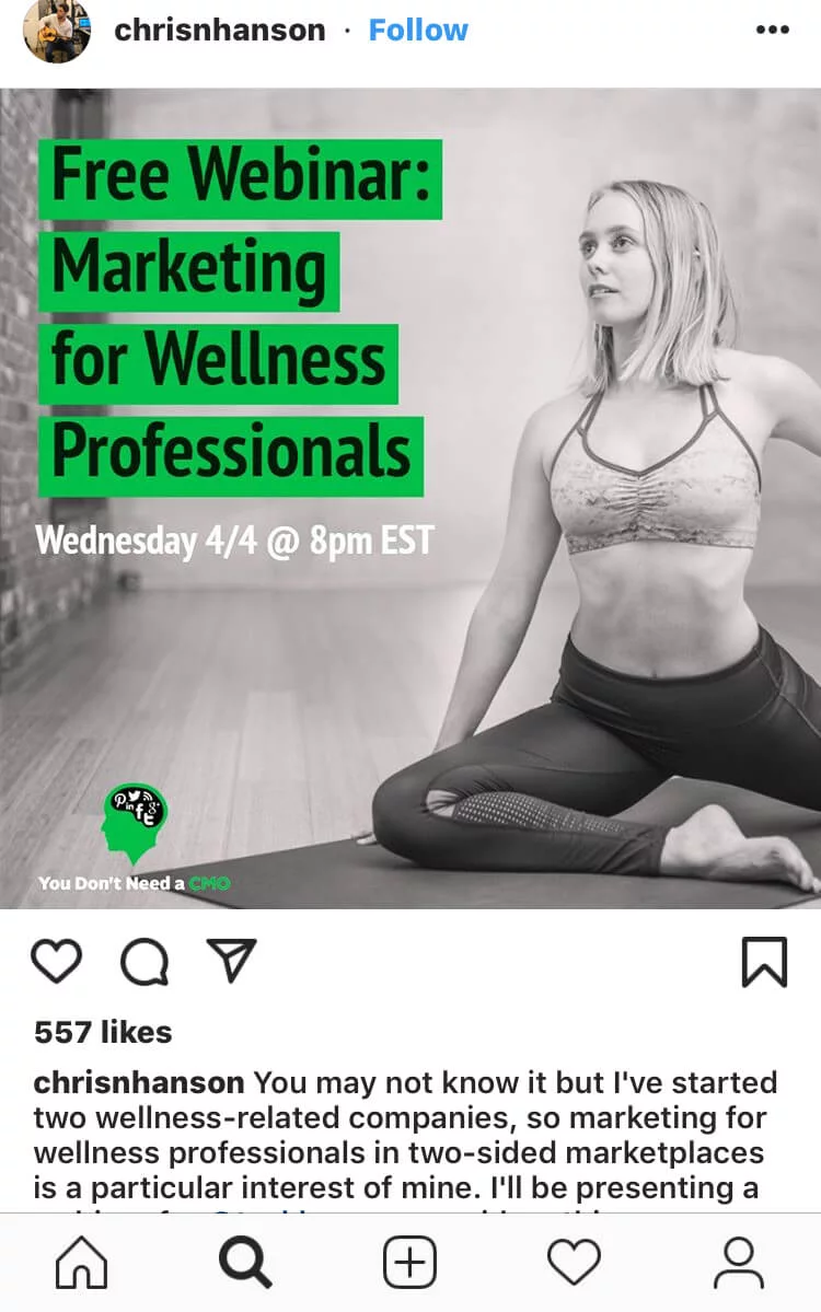 Smartphone showing Instagram interface used for promoting webinar events and engaging followers
