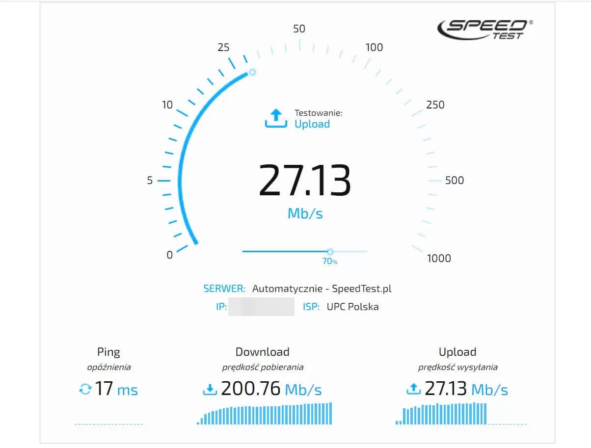 Wynik testu łącza z prędkością wysyłania 27 Mb/s i pingiem 17 ms