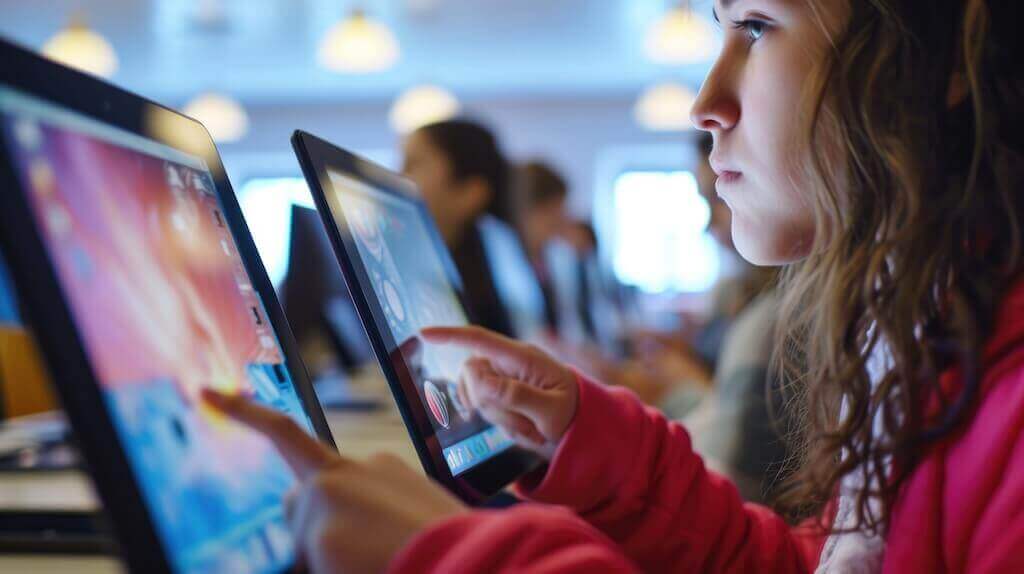 Девушка сосредоточенно взаимодействует с ярким игровым интерфейсом на планшете, символизируя, как выглядит геймификация в обучении и на вебинарах