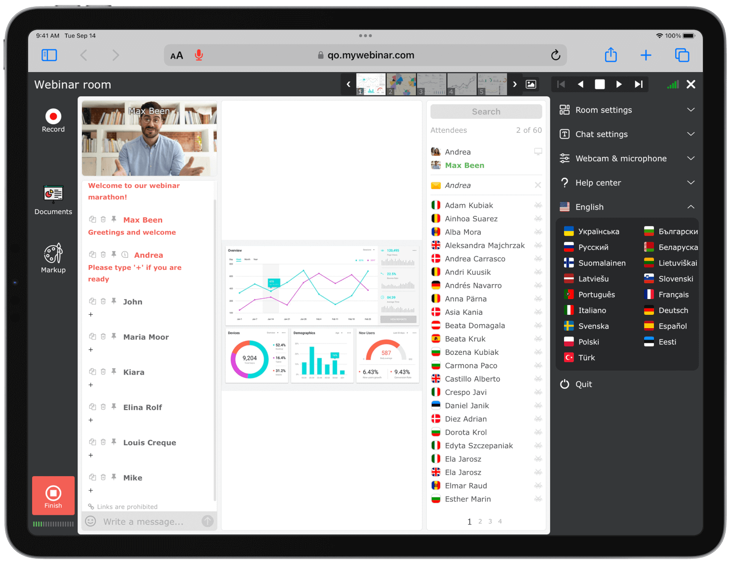 The webinar room on a tablet with the presenter on camera, a chart slide and the attendee list open