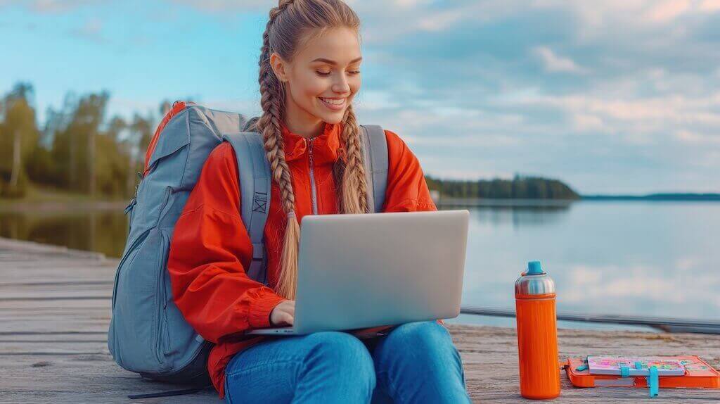 Student studying online in nature with a laptop, showing the flexibility of learning from anywhere