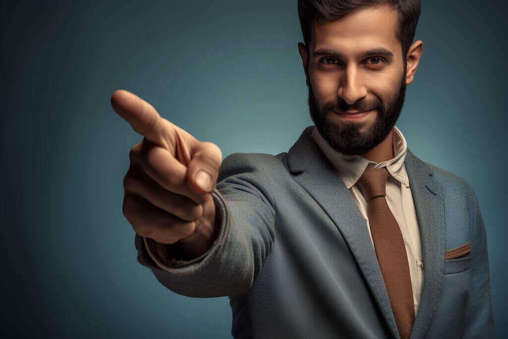 Confident businessman pointing forward symbolizing a strong webinar call to action