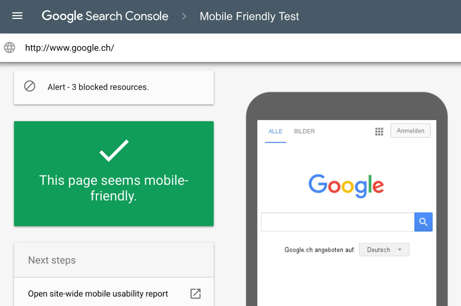 A mobile friendly test result passing with a green tick beside a phone preview of the tested page