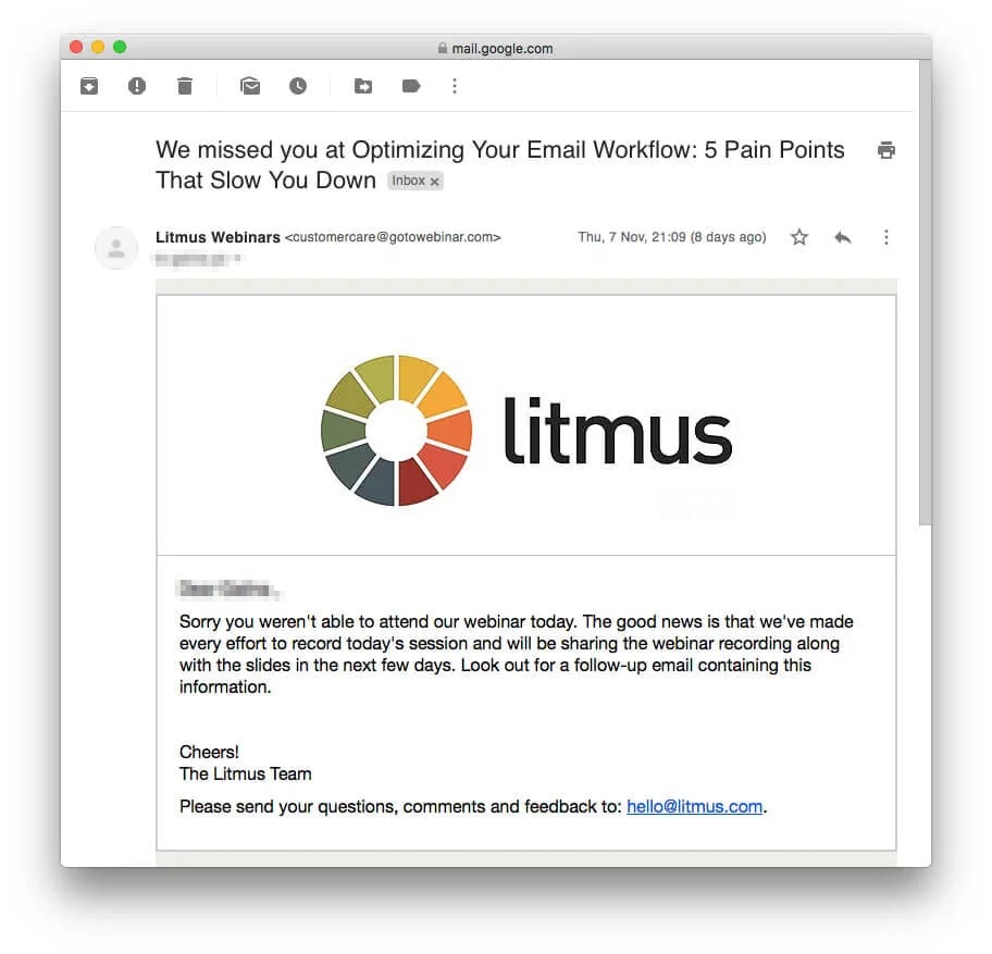 A follow-up email opened in Gmail with the subject we missed you at optimizing your email workflow, sent to someone who did not attend and promising the recording and slides