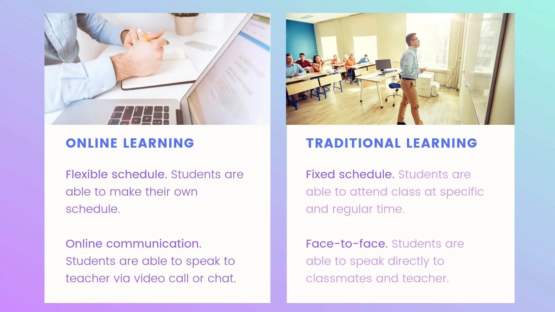 Traditional vs. online learning: Pros and cons
