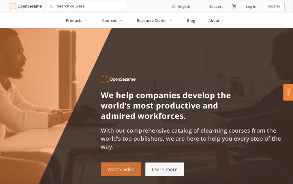The OpenSesame home page with a course search bar and an elearning catalogue pitch over an orange-tinted office photo