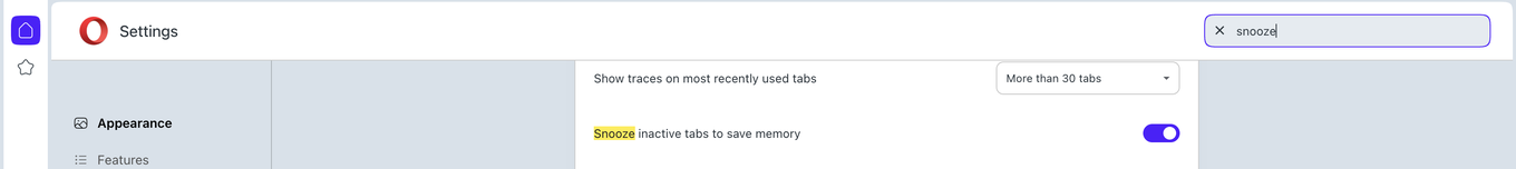 Los ajustes de Opera con la búsqueda de snooze, y el interruptor Snooze inactive tabs to save memory encendido