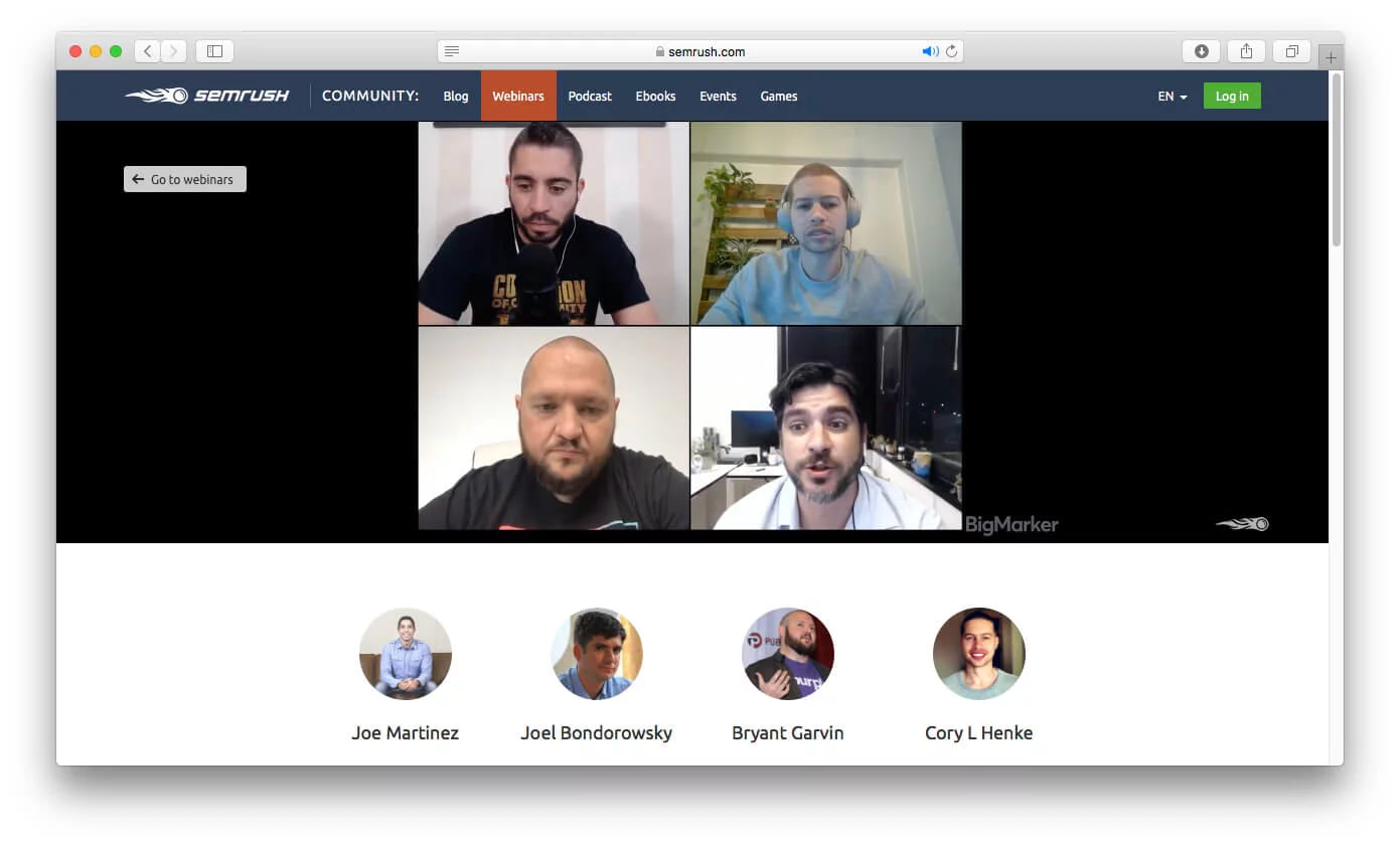 A panel webinar with four speakers in a video grid and their names listed underneath