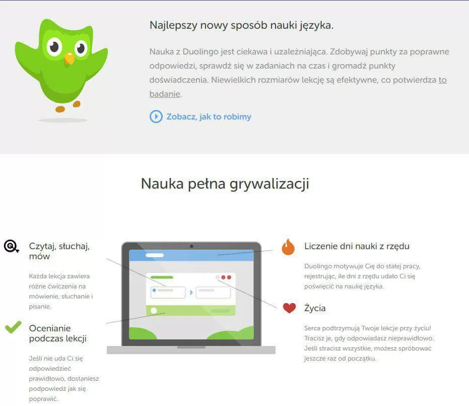 Strona Duolingo z opisem punktów, żyć i liczenia dni nauki z rzędu