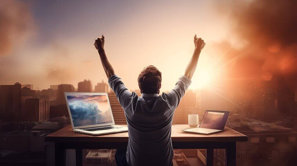 Мужчина с поднятыми руками празднует успех за рабочим столом с ноутбуками на фоне заката, символизируя результативность и эмоциональный эффект от геймификации вебинара
