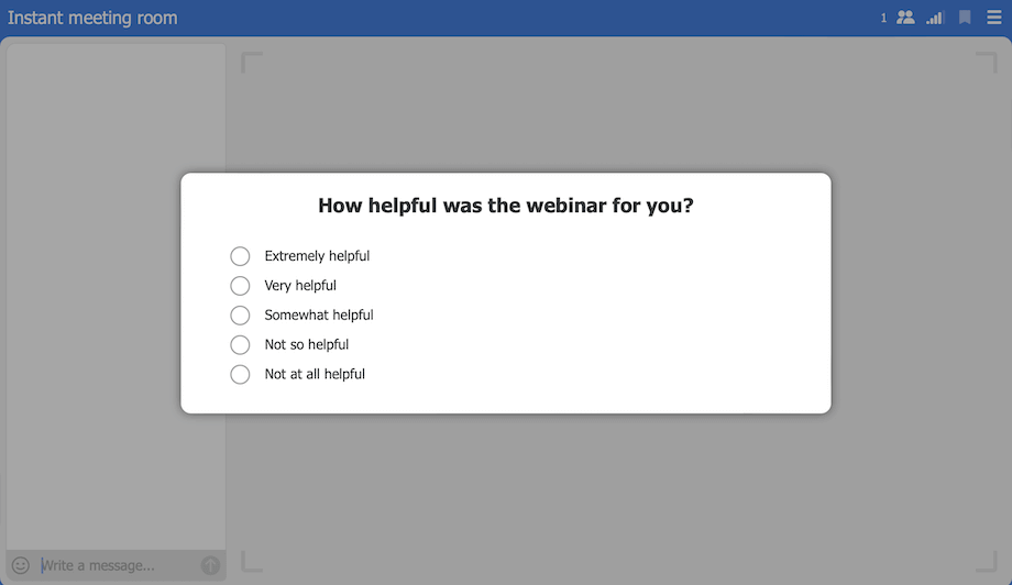 A poll dialog over the webinar room asking how helpful the webinar was, with five answer options.